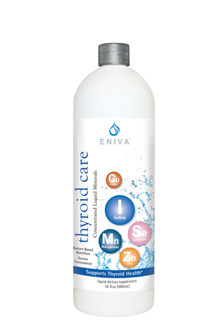 Eniva Minerals for Life Thyroid Care Multi Minerals, 16 oz, liquid dietary supplement for thyroid support, proper health of human body, especially thyroid gland, Cell-Ready minerals IODINE, ZINC, SELENIUM, COPPER and MANGANESE,  proprietary nutrient delivery system, solutomic, advanced aqueous delivery technology, potassium iodide, hormone regulation, immune system, cardiovascular, heart, radiation protection, thyroid gland, hormones influence almost every organ, neck gland, metabolism, heart rate, cholesterol levels, body weight, energy levels, muscle strength, controls and regulates temperature, skin, menstrual regularity, regular periods, memory, bowel function, potassium iodide, KI element,  natural salt, efficient uptake of iodine, radiation protection with potassium iodide, radiation contamination protection, properly functioning thyroid, fully saturate thyroid, prevent the absorption of harmful radioactive iodine, survival in an attack or accident, world health organization recommendations, FDA, Solutomic, Product ID 8029