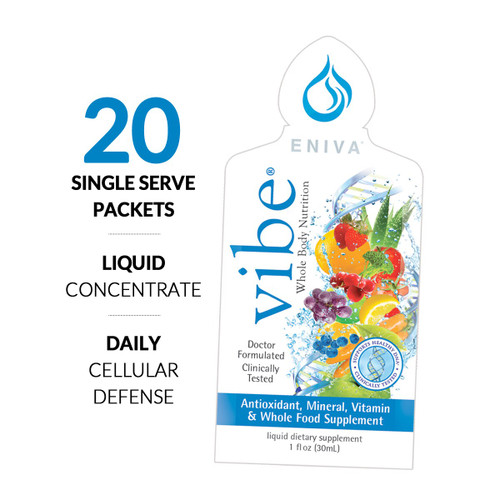 Eniva VIBE Fruit Sensation, 20 packets, concentrated liquid daily vitamins, 1oz, antioxidants, mineral, vitamins, amino acids, whole food supplement, packet back panel, Supplement Facts, Nutrition Facts, Ingredient Facts, Direction for use, Product ID 27030