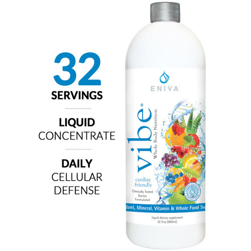 Eniva VIBE Fruit Sensation, 32 ounce bottle, concentrated liquid daily vitamins, 1oz, antioxidants, mineral, vitamins, amino acids, whole food supplement, packet back panel, Supplement Facts, Nutrition Facts, Ingredient Facts, Direction for use, Product ID 27032