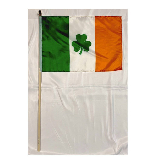 Ireland Flag with a Shamrock  12 X 18 in. On a Stick