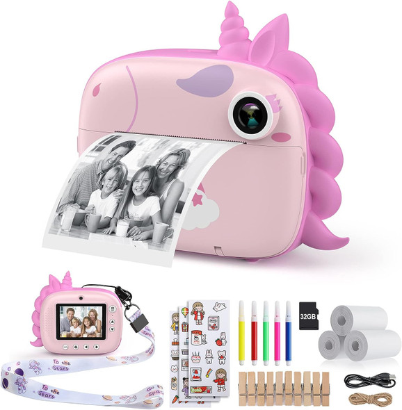 HiMont Kids Instant Camera, Kids Digital Camera with Printing Paper and 32G TF Card, Video Camera with Colorful Pens and Photo Clips for DIY, Gift for 3-14 Years Old Kids (Pink)