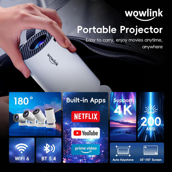 [Built-in Apps & 2025 Upgraded] Mini Projector with WiFi 6 and Bluetooth 5.4 Support 4K 1080P Auto Keystone 180° Rotatable Projector for Bedroom Compatibile with HDMI/TV Stick/Memory Stick/Laptop