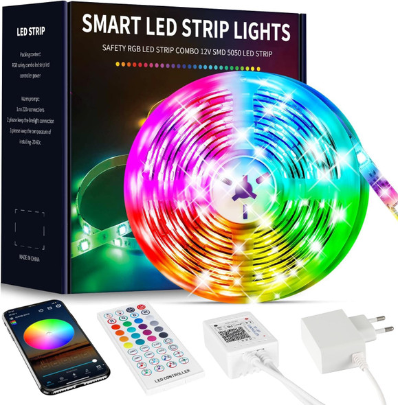 Beaeet 10 Meters LED Strip Lights 5050 RGB for Room with 40 Key Remote Control and Bluetooth APP Control, Ideal for Christmas, Weddings and Parties (10m*1)