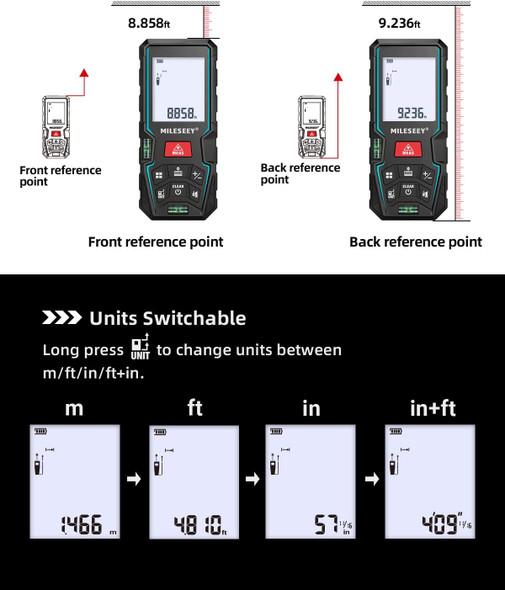 Laser Measure Device 50M, MiLESEEY Laser Distance Meter With 2 Spirit Level Bubbles, ±2mm Accuracy, 2 inch LCD Backlight, Pythagorean Mode, Measure Distance, Area/Volume Calculation