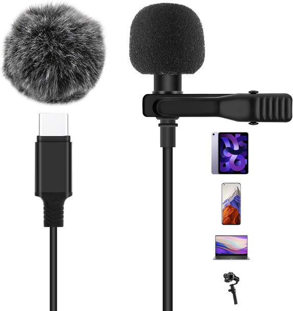 AGPTEK USB C Microphone, Type C Lavalier Lapel Clip MIC for Samsung S23/S22/S21/S20 /S8/S7/S6, Note 20/10, for iPad 10/Air 5/4/Mini 6, Pixel 7/6/5/4/3, Recording Interview, Podcast, Voice Dictation