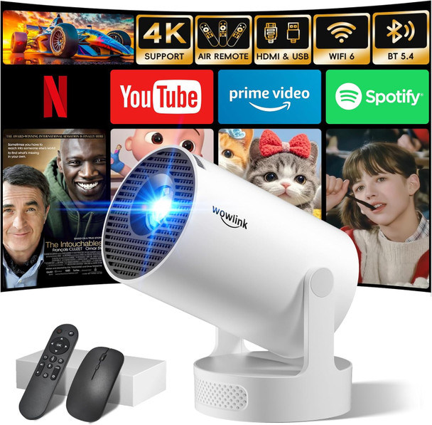 [Built-in Apps & 2025 Upgraded] Mini Projector with WiFi 6 and Bluetooth 5.4 Support 4K 1080P Auto Keystone 180° Rotatable Projector for Bedroom Compatibile with HDMI/TV Stick/Memory Stick/Laptop