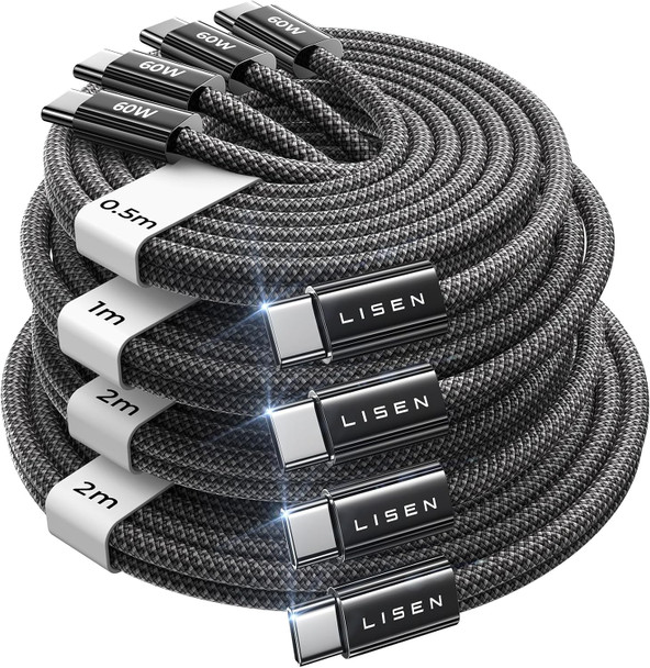 LISEN USB C to USB C Cable Charger 4-Pack [0.5/1/2/2M] for USBC to USBC Cable 60W C to Type C Charger Cables Fast Charging for iPhone 17 Pro Max 16 15 iPad Pro Air Samsung Galaxy S25 S24 Pixel Switch