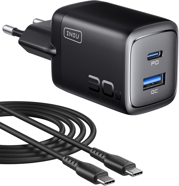 INIU 30 W USB C Charger, GaN Fast Charger with 1.5 m 60 W Cable, Dual Port Power Supply with Intelligent Device Protection for iPhone 17 16 Pro Max, iPad MacBook Air Galaxy S26 Pixel Xiaomi, Black
