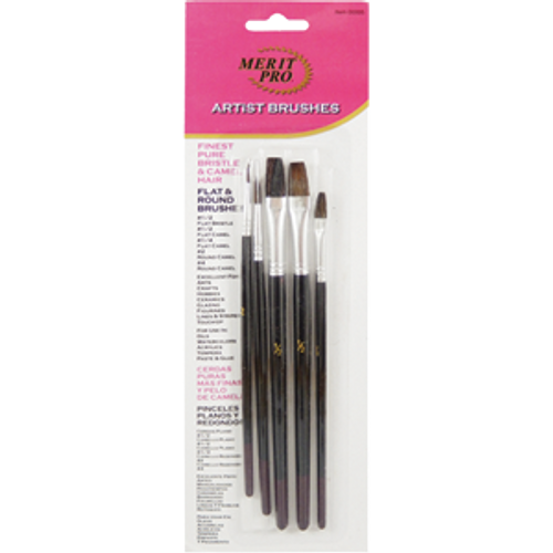 MERIT PRO 00005 5 PIECE ARTIST BRUSH ASSORTMENT INCLUDES 1 PURE BRISTLE AND 4 CAMEL HAIR BRISTLE