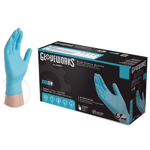 Large Ammex INPF46100 Blue Gloveworks Nitrile Industrial Latex Free Disposable Gloves, 5-Mil, 100-Pack - Case of 10