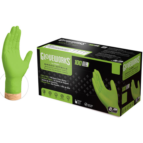 X-Large Ammex GWGN48100 Green Gloveworks Nitrile Industrial Latex Free Disposable Gloves, 8-Mil, 100-Pack - Case of 10