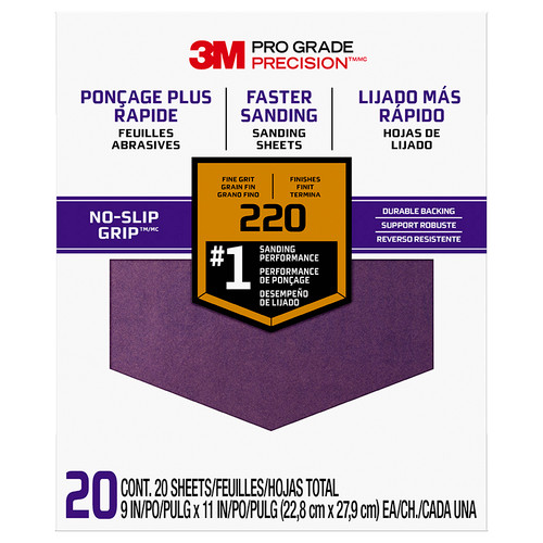 9" x 11" 3M SHCP220-PGP20T Pro Grade Precision No-Slip Grip Sanding Sheet, 220-Grit, 20-Pack