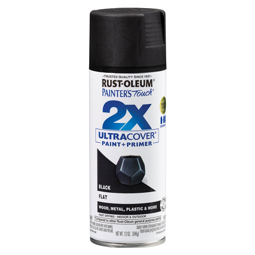 12 Oz Rust-Oleum 334020 Black Painter's Touch 2X Ultra Cover Paint + Primer Spray Paint, Flat - Case of 6