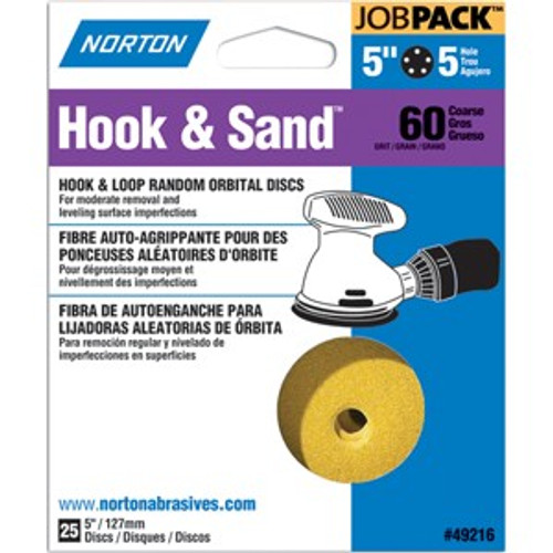 Norton 49216 5" 5 Hole P60 Hook & Sand Paper H&L Vac Disc (25pk)