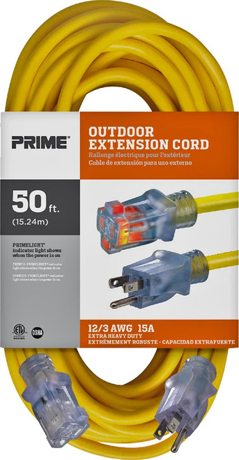 Prime Wire EC511830 50' 12/3 SJTW Yellow Outdoor Extension Cord w/Lighted Ends