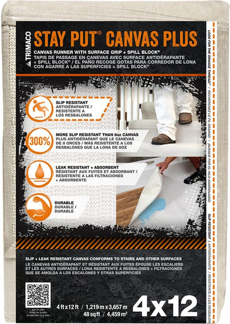 Trimaco 04328 4' x 12' Stay Put Canvas w/ Anti-Slip Barrier + Spill Block Drop Cloth