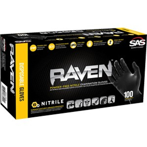 SAS 66518 Lrg 7mil Black Raven Nitrile Disposable Gloves Powder Free (100pk)