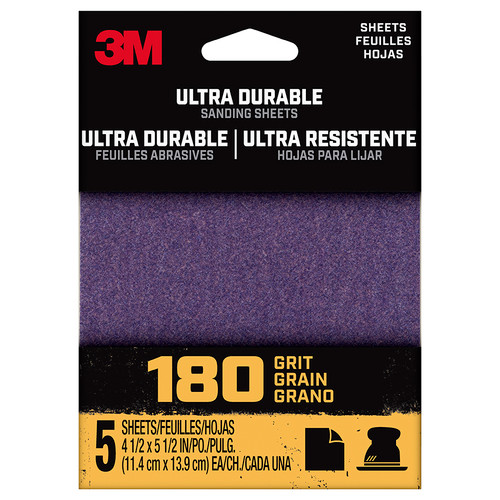 1/4" 3M 1/4Sht5pk180 3M Ultra Durable Power Sanding Sheet, 180-Grit, 5-Pack - Case of 20