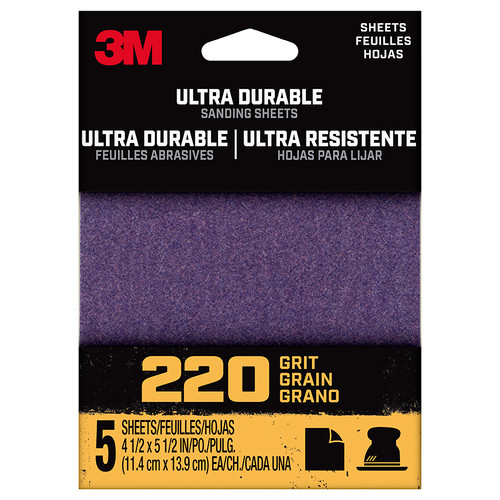 1/4" 3M 1/4Sht5pk220 3M Ultra Durable Power Sanding Sheet, 220-Grit, 5-Pack - Case of 20