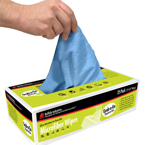 12" x 12" Buffalo 65102 Blue Microfiber Cloths Economy Cleaning Cloths, Dispenser Wipes Box, 25-Pack