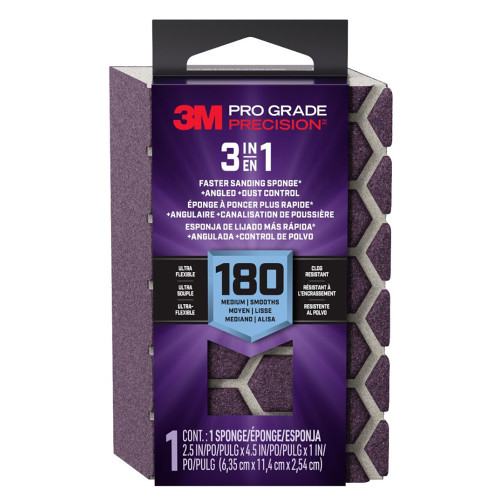 2.5" x 4.5" x 1" 3M DCDA180-PGP-1T Pro Grade Precision 3-In-1 Angled Faster Sanding Sponge, Medium 180-Grit, 12-Pack - Case of 12