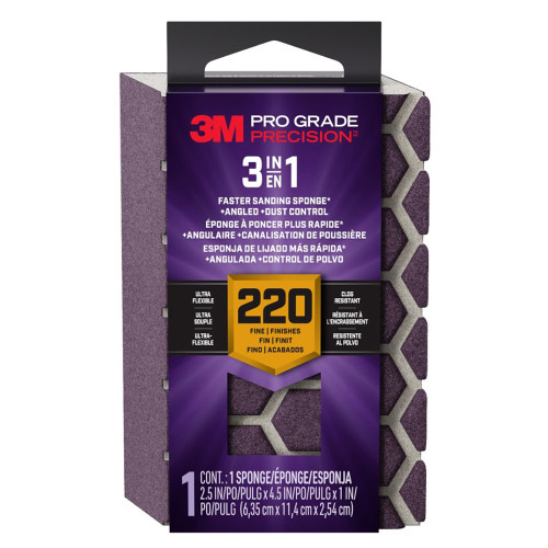 2.5" x 4.5" x 1" 3M DCDA220-PGP-1T Pro Grade Precision 3-In-1 Angled Faster Sanding Sponge, Fine 220-Grit, 12-Pack - Case of 12