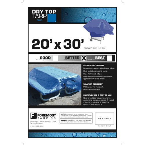 20' x 30' Foremost 02030 Blue Dry Top 7-Mil Full Size Tarp - Case of 3