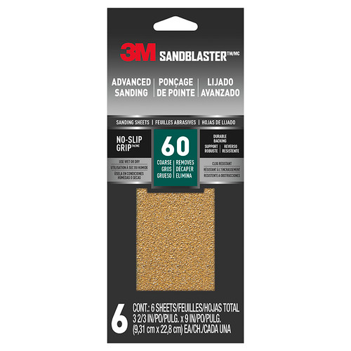 3-2/3" x 9" 3M 11060-G-6 SandBlaster Sandpaper with No-Slip Grip Backing, 6-Pack, 60-Grit