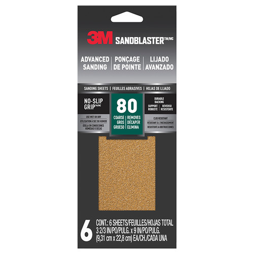 3-2/3" x 9" 3M 11080-G-6 SandBlaster Sandpaper with No-Slip Grip Backing, 6-Pack, 80-Grit