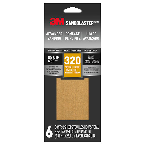 3-2/3" x 9" 3M 11320-G-6 SandBlaster Sandpaper with No-Slip Grip Backing, 6-Pack, 320-Grit