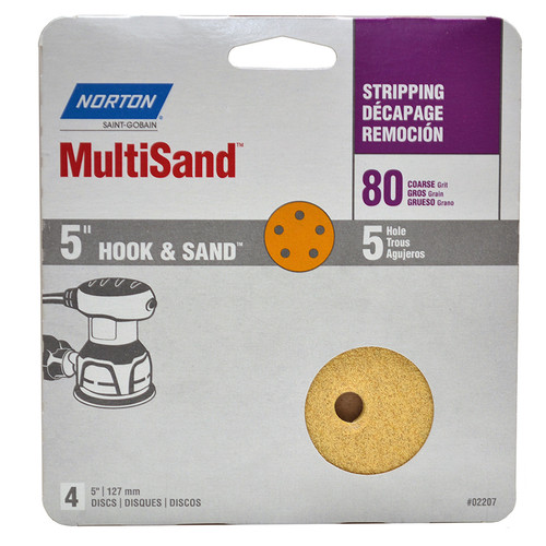 5" Norton 02207 Hook & Sand 5 Hole Sanding Disc, 80-Grit, 4-Pack - Case of 15