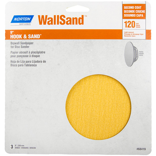 9" Norton 68419 Yellow WallSand Hook & Sand Disc, 120 Grit, 3-Pack