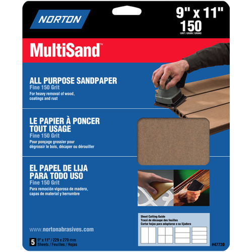 9" x 11" Norton 47720 MultiSand All Purpose Sanding Sheet 150-Grit Handy-Pack - Case of 10