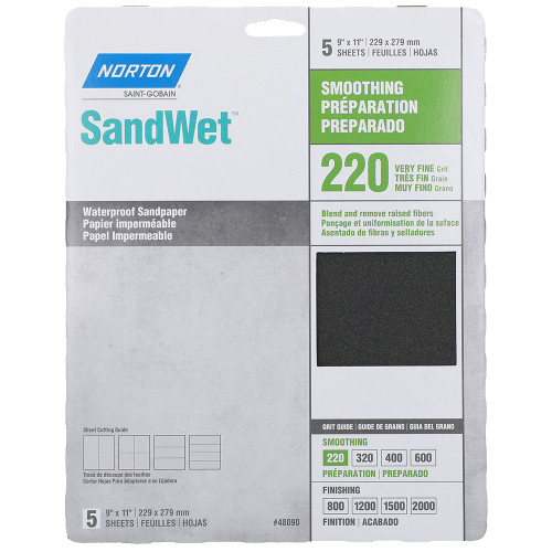 9" x 11" Norton 48090 SandWet Wet or Dry Sanding Sheets 220-Grit, 5-Pack