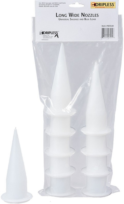 Dripless N03LW Long Wide Nozzles for Sausage & Bulk Load Caulk Guns (10pk)