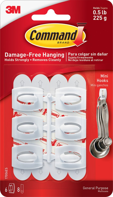 3M 17006ES Command Mini White Hooks with White Strips (6 hooks & 8 strips/pk)