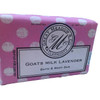 Great Meadow Goat's Milk Lavender Luxurious Bath & Body Bar - 5 oz, rectangular pink soap bar with white polka dots and the product label.