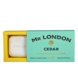 Wavertree & London Mr London Cedar Soap Bar - 10oz, image showing a white soap bar in a yellow box with a turquoise label featuring the product name and description.