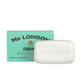Wavertree & London Mr London Cedar Soap Bar - 10oz (280g), soap bar with embossed text on white surface beside light green box with product details.