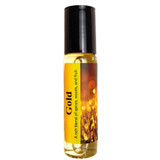 Shadow Scents Gold Perfume Oil - 1/3 oz. roll-on, small transparent bottle with a black cap and a yellow label featuring warm-colored bokeh lights and text.