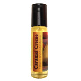 Shadow Scents Caramel Creme Perfume Oil - 1/3 oz. roll-on, a small transparent bottle with yellow liquid and a black cap, featuring a label with caramel and vanilla scent description.