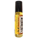 Shadow Scents Caramel Creme Perfume Oil - 1/3 oz. roll-on, small transparent bottle with a black cap and yellowish liquid inside, featuring a label with product details and barcode.