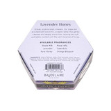 Baudelaire Lavender Honey Soap - 3.5 oz, hexagonal soap box with lavender honey fragrance description and ingredients listed on a pastel purple background.