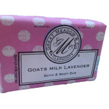 Great Meadow Goat's Milk Lavender Luxurious Bath & Body Bar - 5 oz, rectangular pink soap bar with white polka dots and the product label.