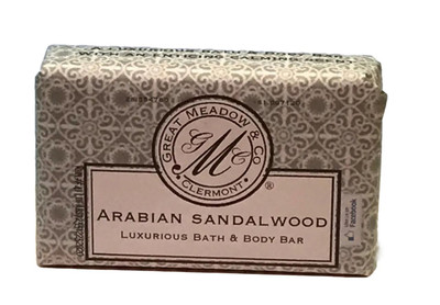 Great Meadow Arabian Sandalwood Luxurious Bath & Body Bar, soap bar with intricate patterned packaging and a label indicating the product name.