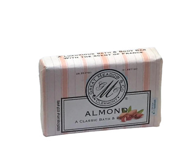 Great Meadow Almond Luxurious Bath & Body Bar - 5 oz, soap bar wrapped in striped packaging with almond illustration and branding.