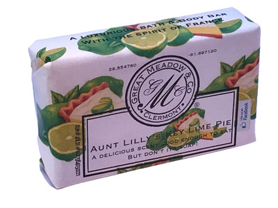 Great Meadow Key Lime Pie Luxurious Bath & Body Bar - 5 oz., soap with colorful lime and pie illustration on packaging.
