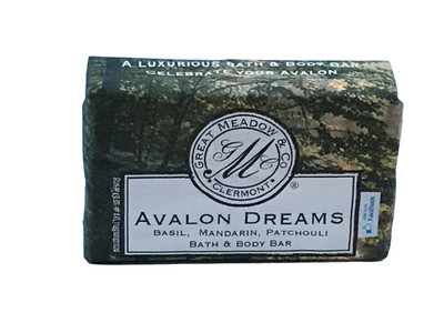 Great Meadow Avalon Mist Luxurious Bath & Body Bar - 5 oz., A soap bar in eco-friendly packaging with natural botanical ingredients including basil, mandarin, and patchouli.