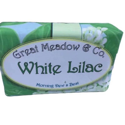 Great Meadow White Lilac Luxurious Bath & Body Bar - 5 oz., rectangular soap bar wrapped in green floral packaging with white lilac flowers design.