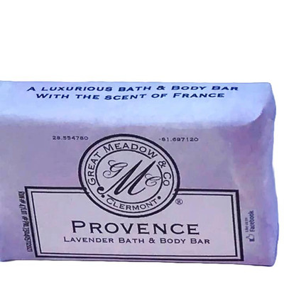 Great Meadow Provence Lavender Luxurious Bath & Body Bar - 5 oz., lavender scent soap in purple packaging with black and white text and logo.